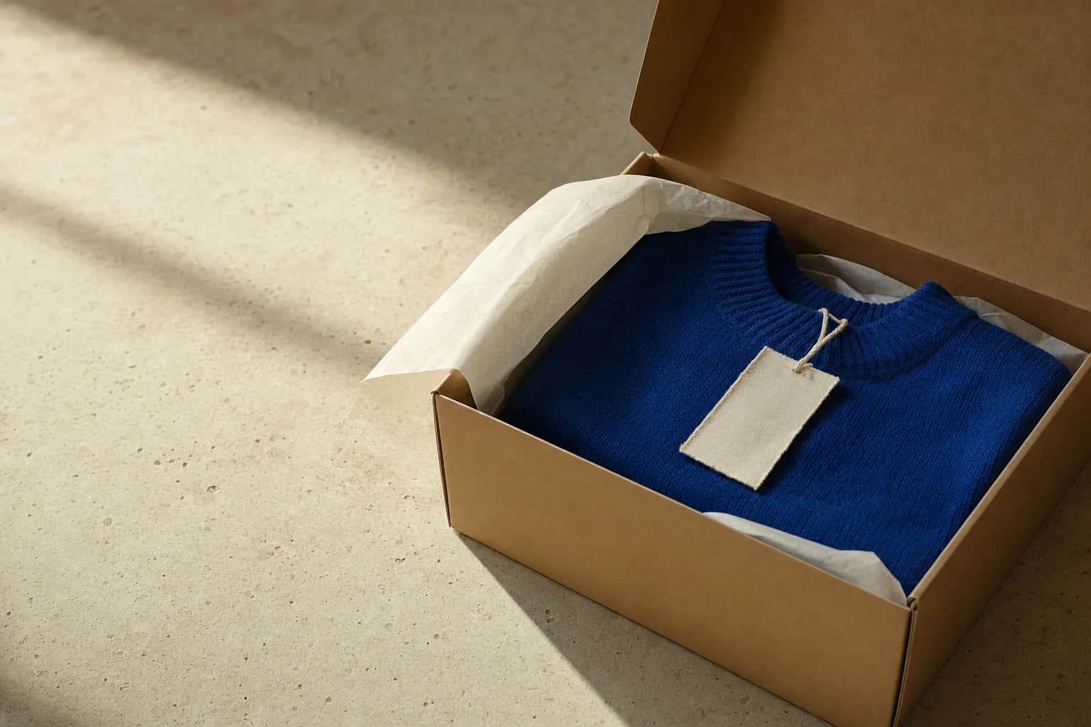 A cobalt garment being unpacked from a kraft shipping box at home