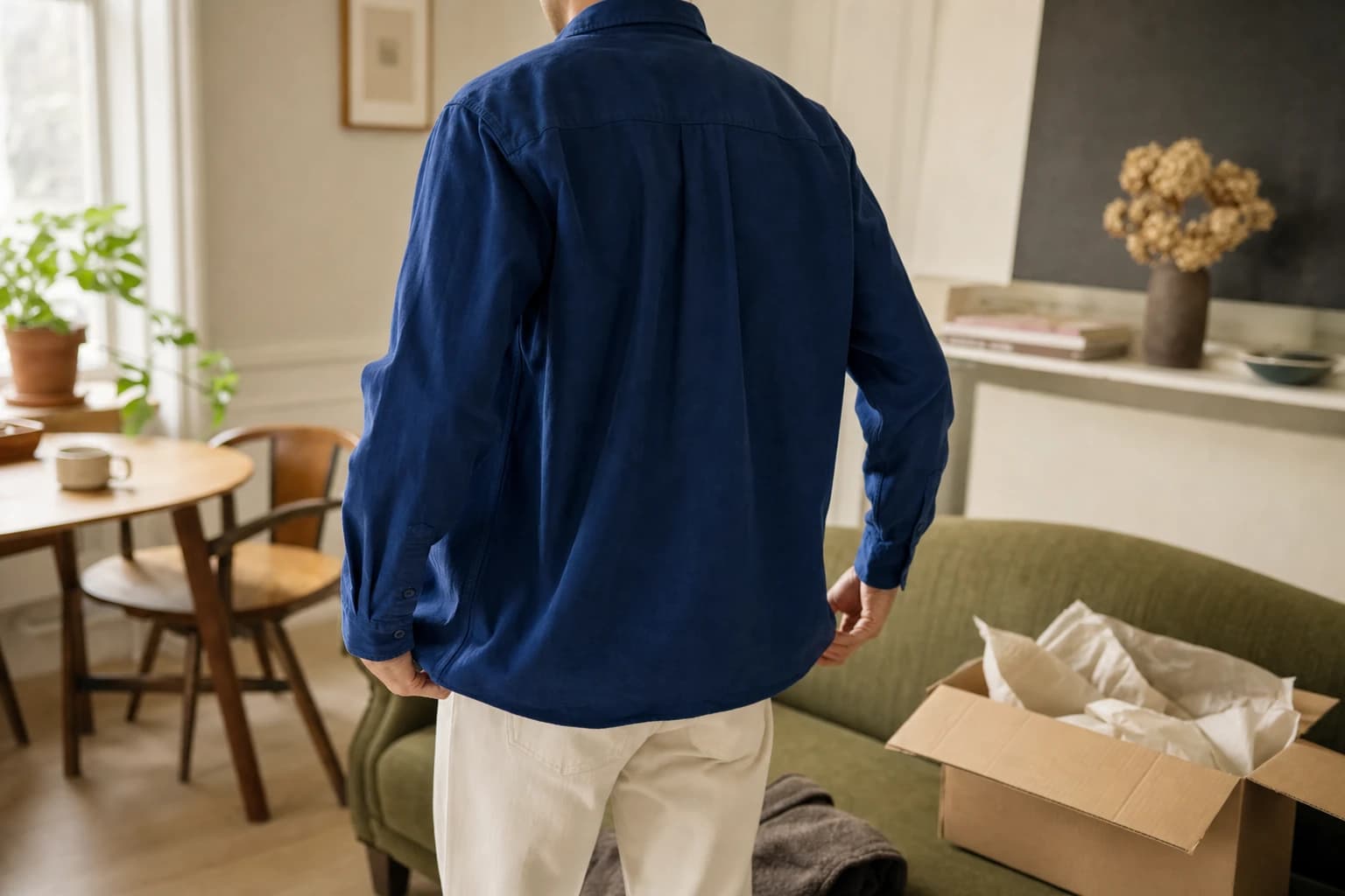 A shopper assessing a cobalt overshirt at home beside an open parcel