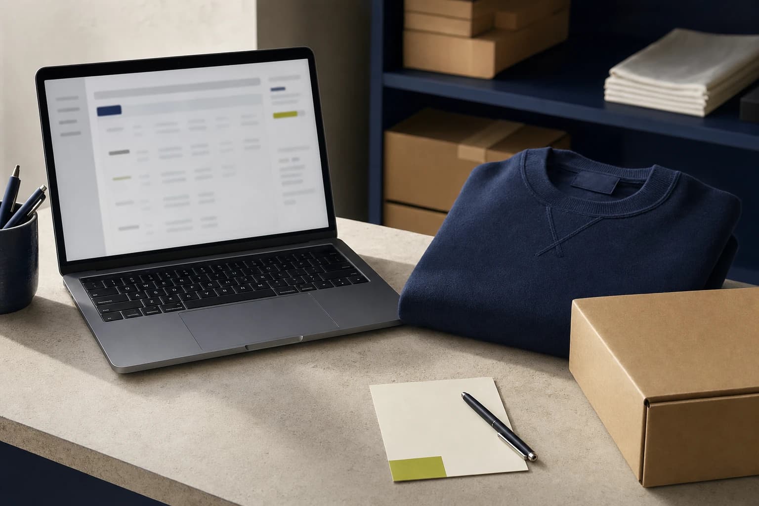A merchant packing a cobalt garment beside a laptop and shipping box